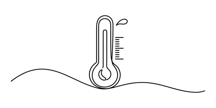Continuous single line drawing of a thermometer showing hot temperature with a drop of sweat indicating high heat in a minimalist artistic style Vector, illustration