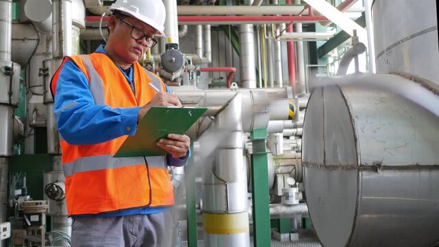 Industrial process inspection by a senior instrument engineer inside a petroleum and chemical plant demonstrates safety management, equipment performance, and efficient production control systems.
