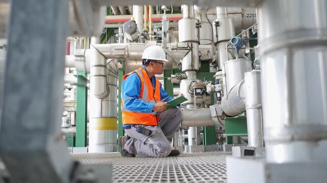 Professional senior instrument engineer monitoring process systems and production equipment in an industrial plant, illustrating maintenance, precision measurement, and advanced engineering technology