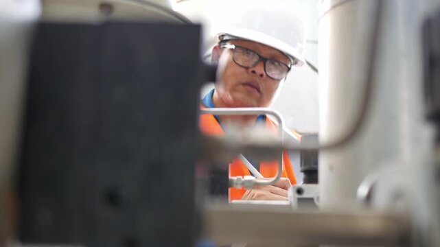 Experienced instrument engineer performing detailed equipment inspection and process verification in a modern petroleum and chemical facility, representing industrial excellence and operational optimi
