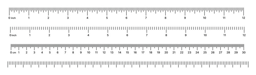 Imperial and metric ruler collection isolated on gray background featuring inch and centimeter scales for measurement reference, drafting projects, technical drawing, education, calibration and design © SpainArts