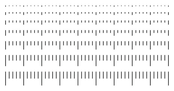 Minimal ruler division pattern with black measurement marks arranged in progressive scale rows on light background, useful for geometry lessons, technical graphics, calibration charts drafting work