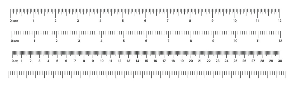 Imperial and metric ruler collection isolated on gray background featuring inch and centimeter scales for measurement reference, drafting projects, technical drawing, education, calibration and design