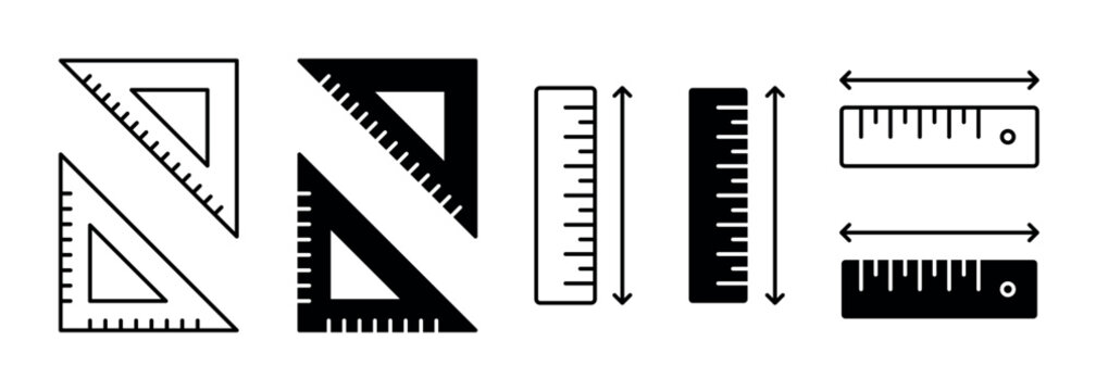 Set of triangular rulers and measuring scales in black and white isolated on light background, minimal vector icons for geometry, drafting, education, architecture, engineering and precision projects