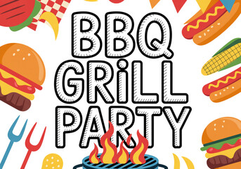 Colorful summer barbecue grill party banner with food and drinks Vector © jayeda