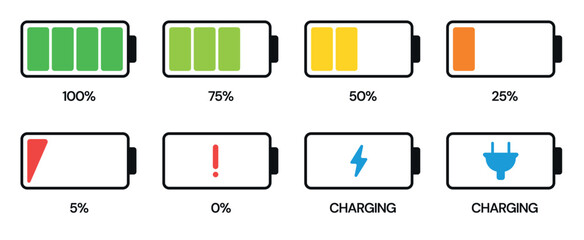 Colored battery charge indicators with percentage levels, warning alerts and charging symbols for mobile applications, technology interfaces, energy monitoring systems and digital dashboard design © SpainArts