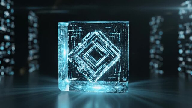 Glowing crystalline data cube suspended in a futuristic environment with swirling binary streams and holographic light trails, symbolizing advanced digital networks and encryption