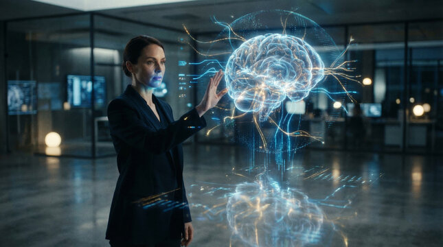 Professional scientist interacting with holographic 3d brain model