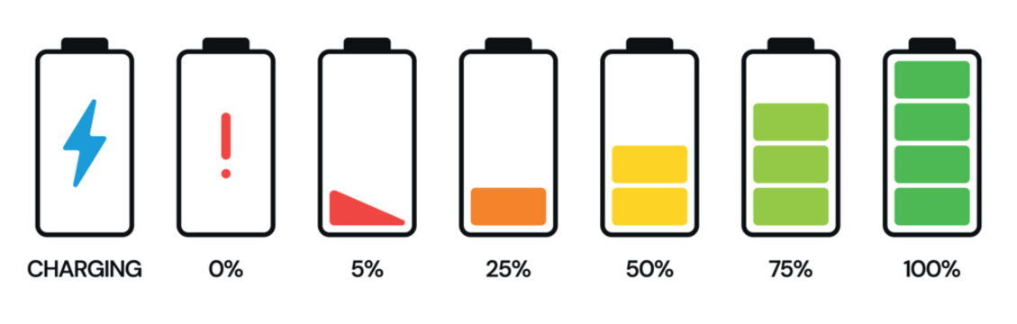 Colorful battery charge level collection showing charging status indicators from empty to full capacity with modern flat design icons for mobile devices, apps, user interfaces, technology concepts