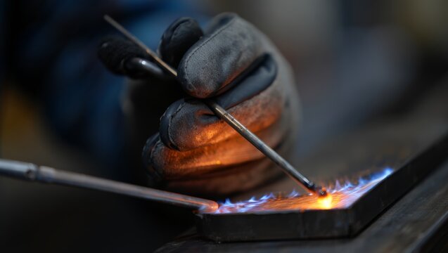 Extreme macro shot of a welder's dark-gloved hand pressing an electrode to a steel plate edge, creating spreading blue gas flame and a bright orange-white arc contact point with bokeh background.