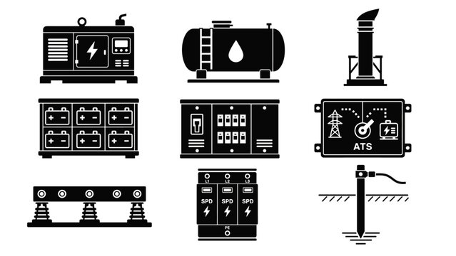 Black icon set of industrial control panels, gauges, valves, and process equipment arranged on a white background, presenting a professional engineering and industrial automation concept for