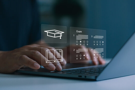 Online education, digital learning and remote exam concept with student using laptop for e-learning, virtual classroom, online test and educational technology interface at home. Home school.