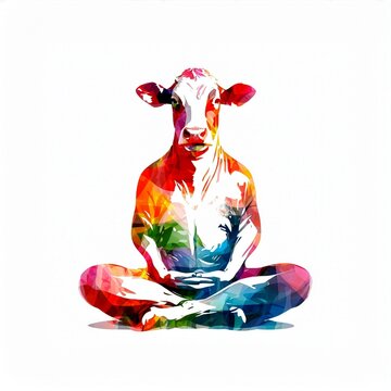 Colorful Cow in Yoga Lotus Pose. Surreal Wellness Animal Art