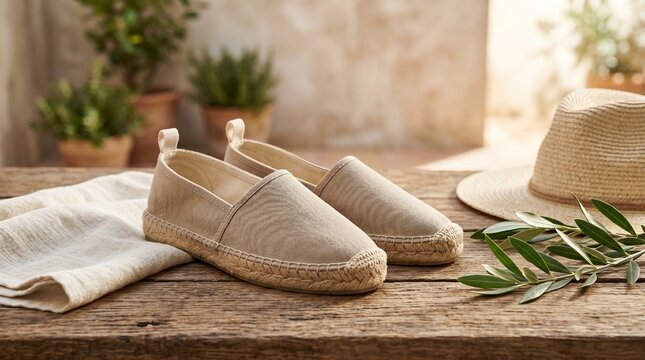 Casual espadrille shoes for women resting on rustic wooden table with straw hat and plants.