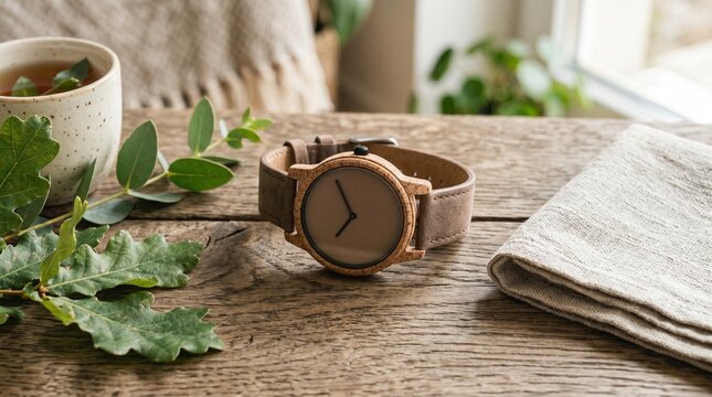 Minimalist wooden watch with leather strap on rustic wooden table with tea and green leaves.