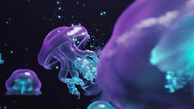 Bioluminescent purple and cyan jellyfish drifting through dark ocean depths, their translucent gelatinous bells and trailing tentacles glowing with ethereal particles in motion