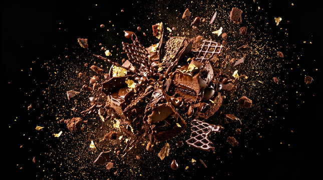 Exploding Luxury Chocolate Cake and Dark Chocolate Splash with Gold Flakes on Black Background, Premium Gourmet Dessert Burst, High Speed Freeze Motion Food Photography