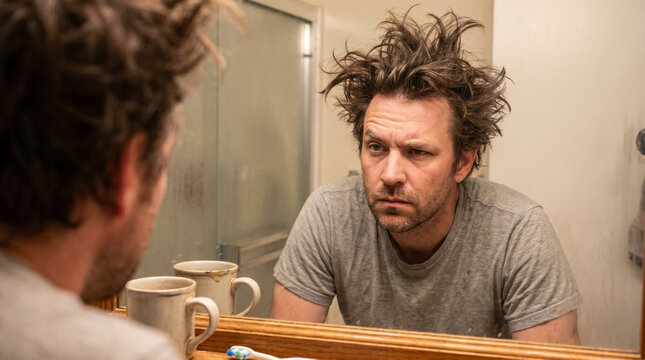 Sleepy man with messy bedhead looking in mirror