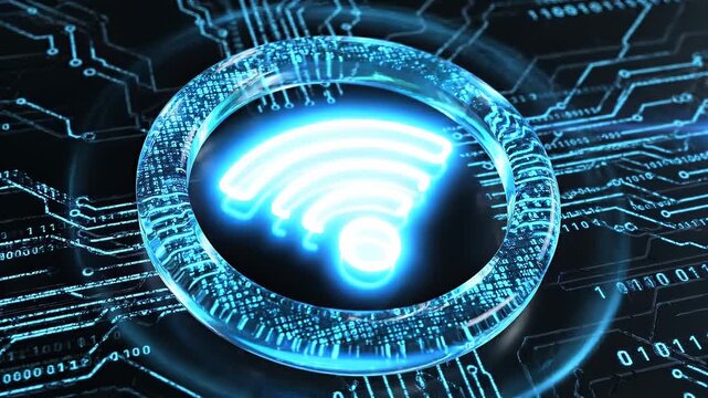 Glowing blue wireless signal icon inside a transparent glass ring above a digital circuit board, symbolizing connectivity, data transmission and futuristic network technology