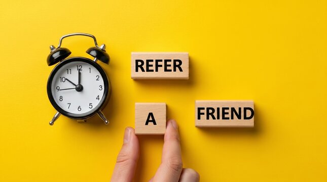 Clock and wooden blocks with refer a friend message on yellow background.
