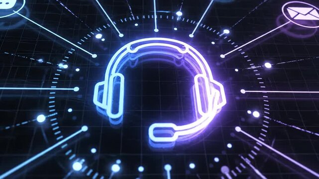 Glowing neon headset icon with microphone centered within futuristic digital network interface, radial nodes and communication symbols of virtual customer support and connectivity