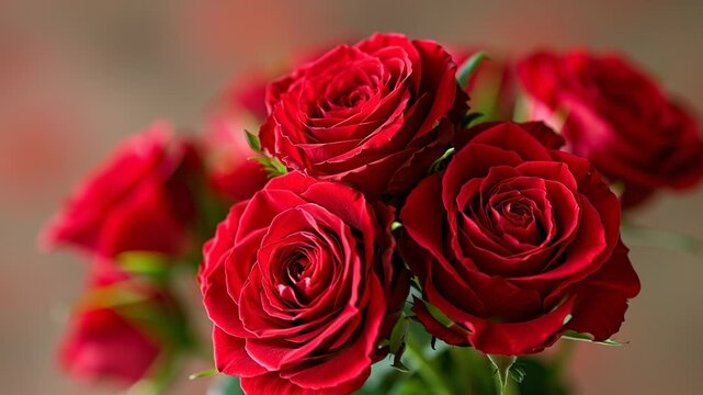 Romantic red roses bouquet, symbolizing love and affection, captured in a close up shot with a soft focus background. This vibrant floral arrangement is conveying themes of romance, celebration, and s