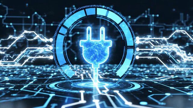A glowing blue digital power-plug icon hovering above a futuristic circuit board with electric arcs and holographic interface, depicting energy flow, connectivity and circuitry