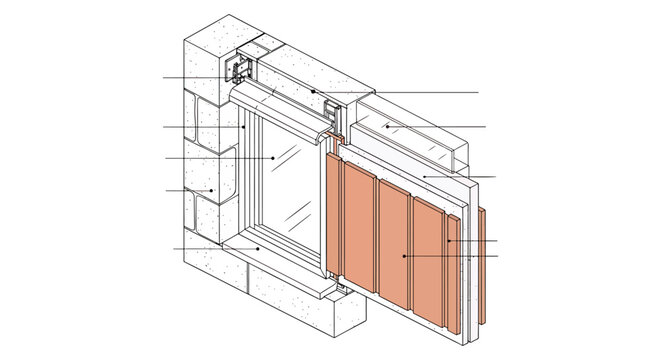 Technical construction diagram showing window installation and wall insulation cross-section detail