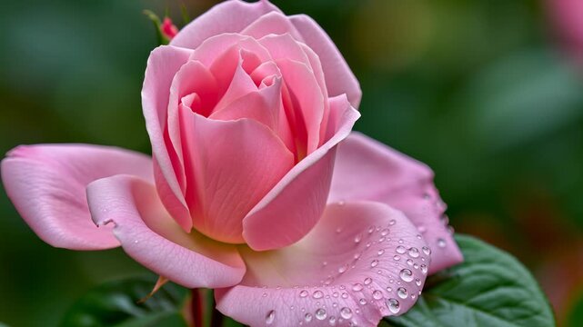Romantic pink rose bud with glistening dew drops on its delicate petals, embodying freshness and natural beauty. This close up shot captures the intricate details of the flower against a soft, blurred