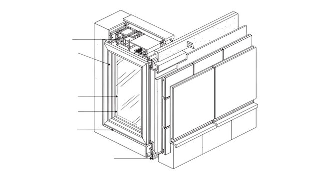 Technical architectural section detail of a window installation within a modern facade wall system