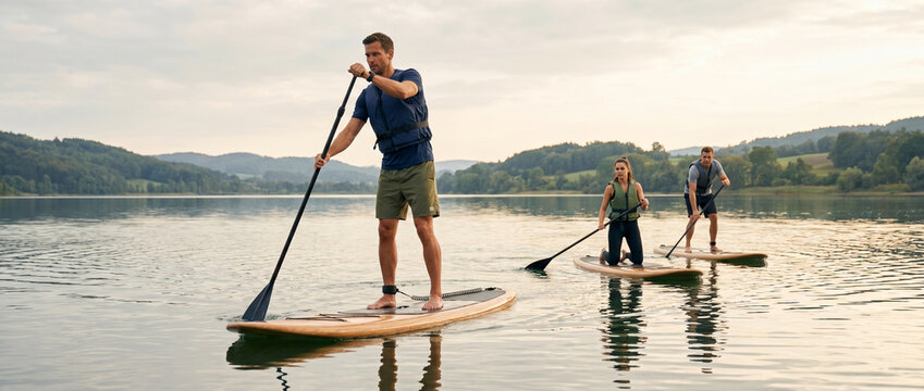 Instructor leading a paddle boarding lesson on a European lake