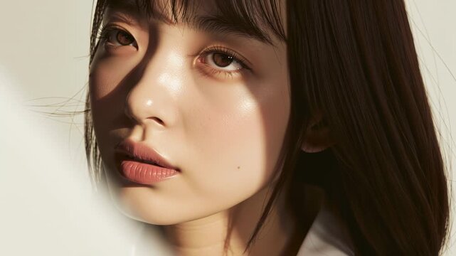 Natural beauty and skincare concept a young Asian woman with healthy, glowing skin and minimal makeup. Her serene expression and radiant complexion are highlighted by soft, natural light, making this 
