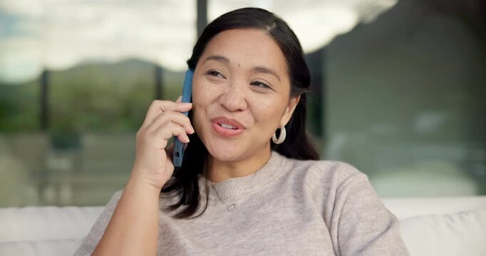 Happy, conversation or asian woman with phone call for friendly discussion or communication in home. Female person, user or talking with mobile smartphone for gossip, outdoor chat or banter in house