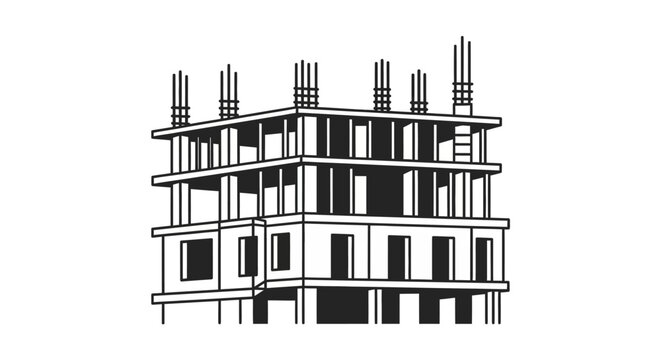 Black and white illustration of a multi story building under construction