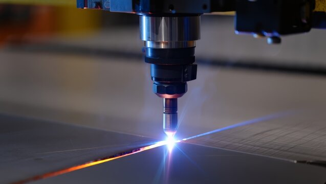 Macro close-up of a precision CNC laser cutting head nozzle hovering over a flat steel sheet, bright blue-white laser beam cutting a glowing orange line across the metal surface.