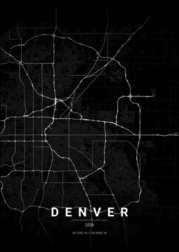 Modern Denver City Map Poster Design, Noir Style Urban Street Grid Cartography