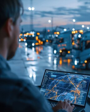 Dynamic lowangle medium shot of a logistics professional viewing a digital route optimization screen with outoffocus reflective pavement and electric trucks at a twilight fleet