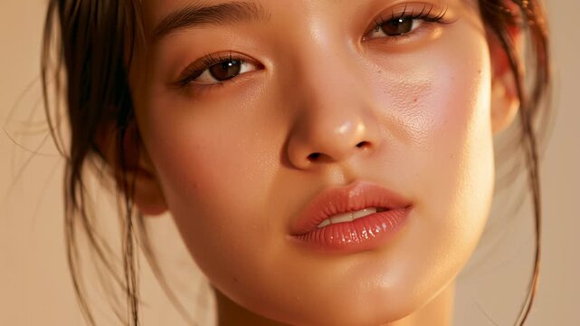 Natural beauty and skincare concept, this close up portrait features a young Asian woman with glowing, healthy skin and minimal makeup. The soft lighting highlights her radiant complexion, making it c