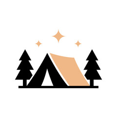 Fototapeta premium Minimalist camping tent logo vector illustration with pine trees and stars