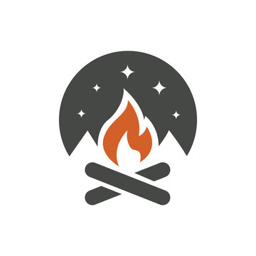 Campfire logo vector design with mountains and starry night sky