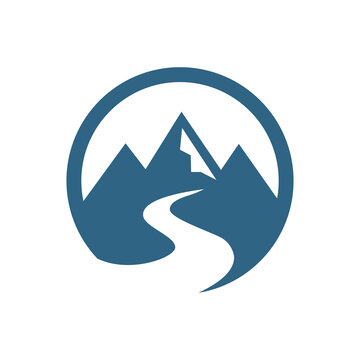 Mountain landscape logo vector with winding river inside circle
