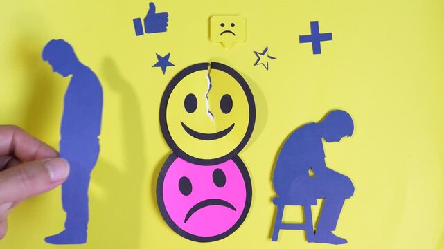 Mental health concept with social media pressure, depression and emotional stress symbols