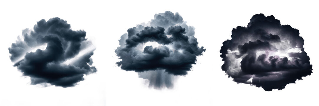 Set of Three Dramatic Storm Clouds with Thunder and Lightning Isolated on White Background, Intense Weather Phenomena, High-Quality Transparent PNG Assets for Graphic Design and Atmospheric Photograph