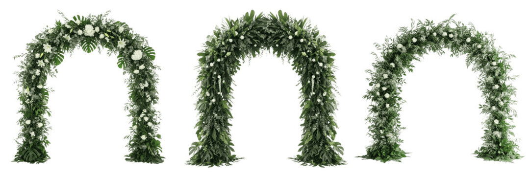 Set of Three Elegant Floral and Greenery Wedding Arches Isolated on White Background, Romantic Garden Ceremony Decor, High-Quality Transparent PNG Assets for Event Design and Professional Photograph