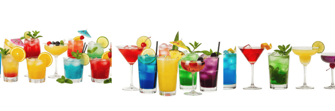 Large Collection of Colorful Cocktails and Refreshing Alcoholic Drinks with Fruit Garnishes Isolated on White Background, High-Quality Transparent PNG Assets for Menu Design 
