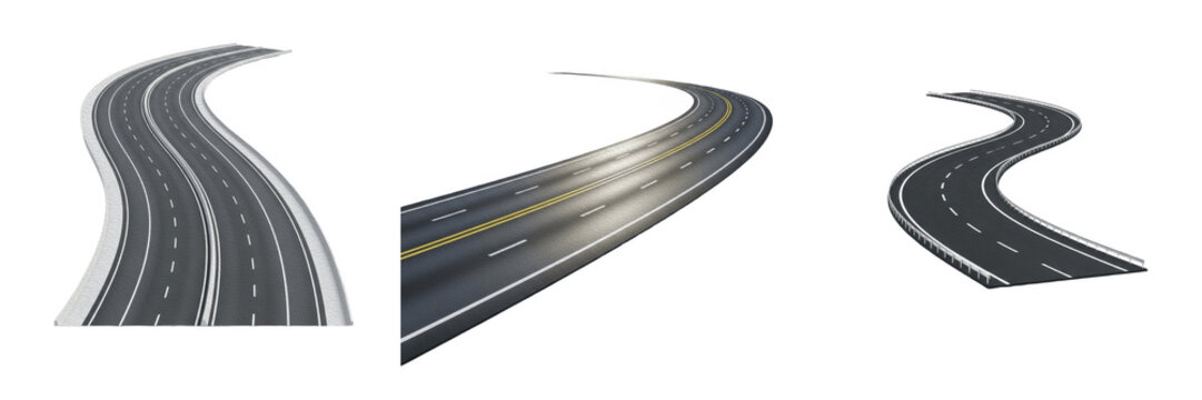 Curved Asphalt Highway Road Elements Isolated on Transparent Background for Transportation Travel Design