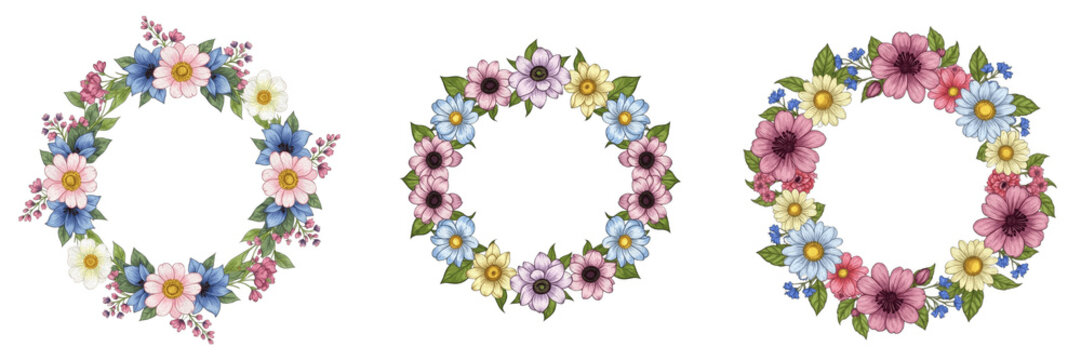 Colorful Floral Wreath Frames with Spring Blossoms Isolated on White Background for Wedding Design imag