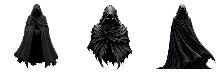 Set of Three Mysterious Hooded Figures in Black Cloaks Isolated on White Background, Dark Fantasy Characters, Grim Reaper Style Silhouettes, High-Quality Concept Art Elements for Horror and RPG Design