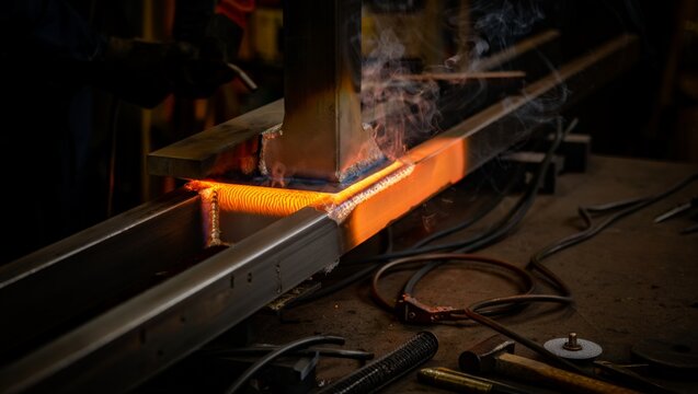 Freshly completed T-joint weld glows bright orange-red on a steel section with small flames and smoke rising. Workshop floor with rebar and tools visible in warm dramatic low-key lighting.