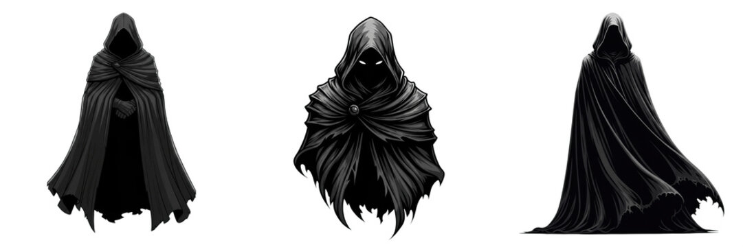 Set of Three Mysterious Hooded Figures in Black Cloaks Isolated on White Background, Dark Fantasy Characters, Grim Reaper Style Silhouettes, High-Quality Concept Art Elements for Horror and RPG Design